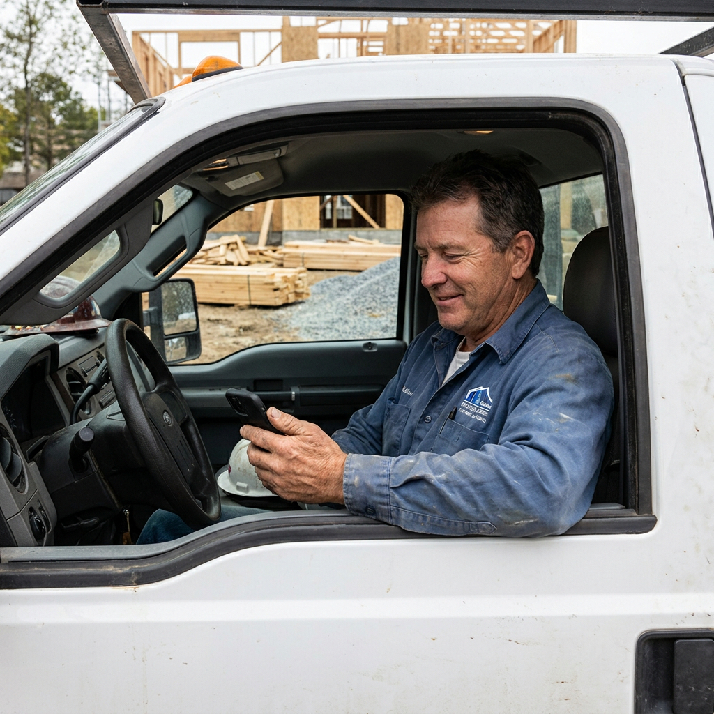 Contractor checking phone by work truck