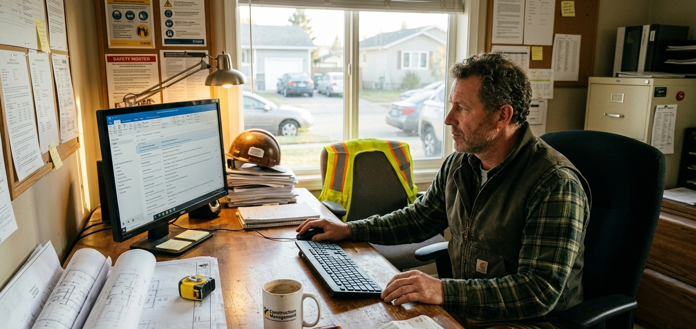 Contractor managing email follow-ups from the office