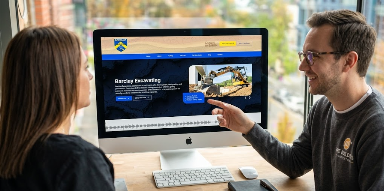 The Builders Agency team reviewing a website mockup with a client